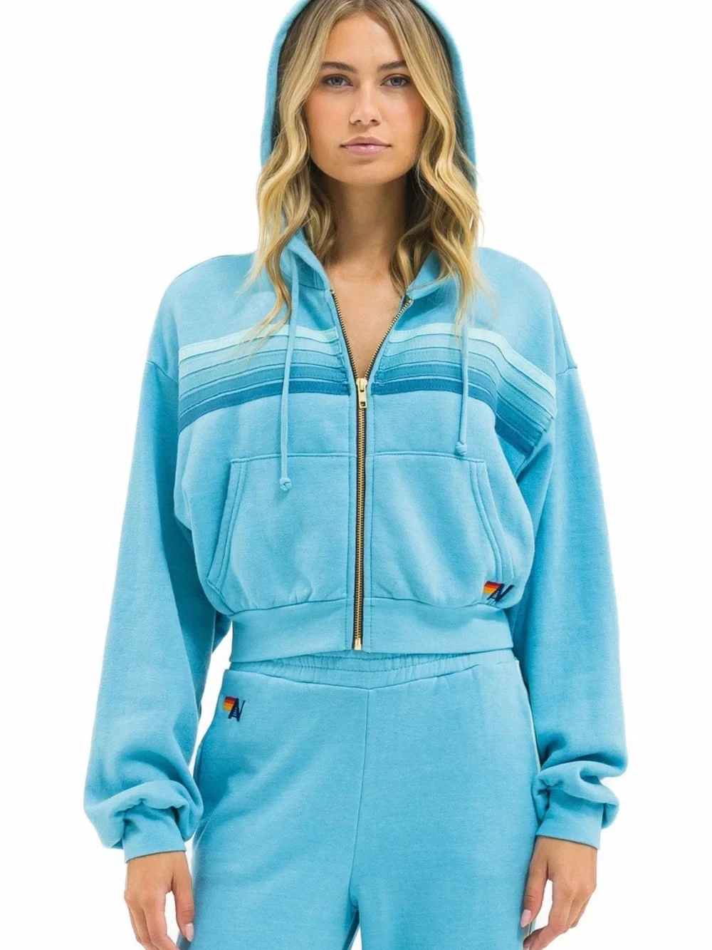 Aviator Nation 5 Stripe Cropped Full-zip Hoodie in Aqua - NWT - Picture 1 of 5